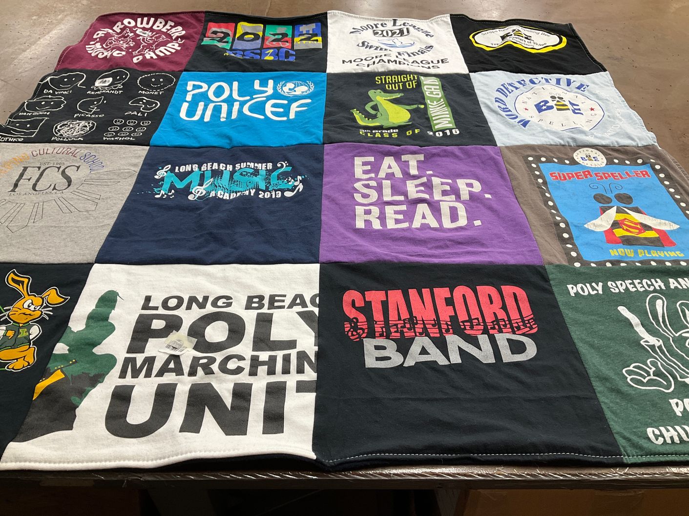 T-shirt quilt from stanford university, long beach polytechnic high school by Marilu from CA