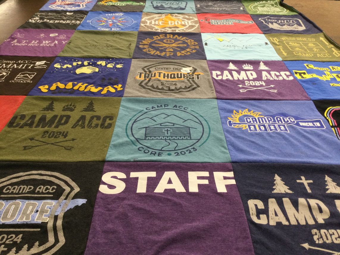 T-shirt quilt with camping, outdoors themes by Stacy from KY