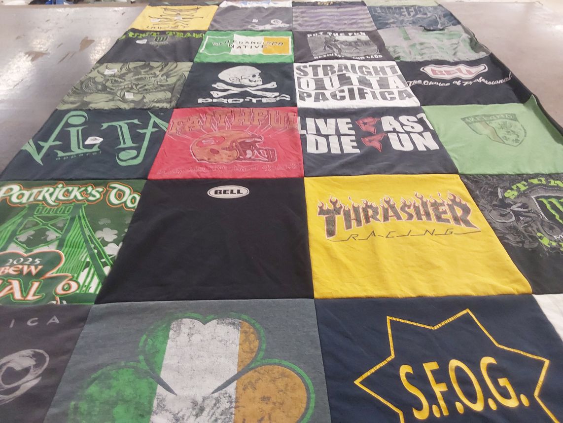 T-shirt quilt with skateboarding, racing themes by Patricia from CA