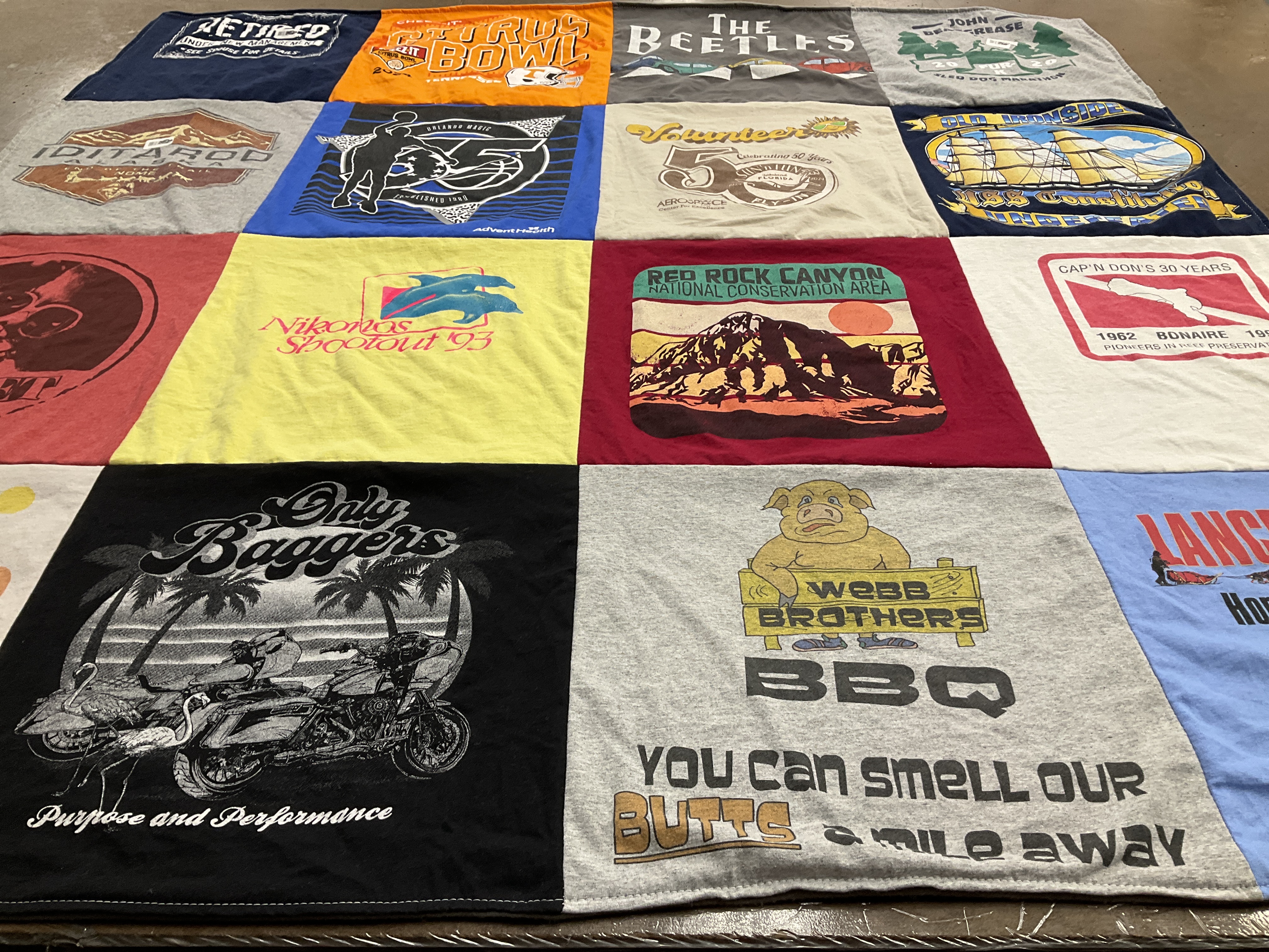 T-shirt quilt with outdoor activities, motorcycling themes by Carla from FL