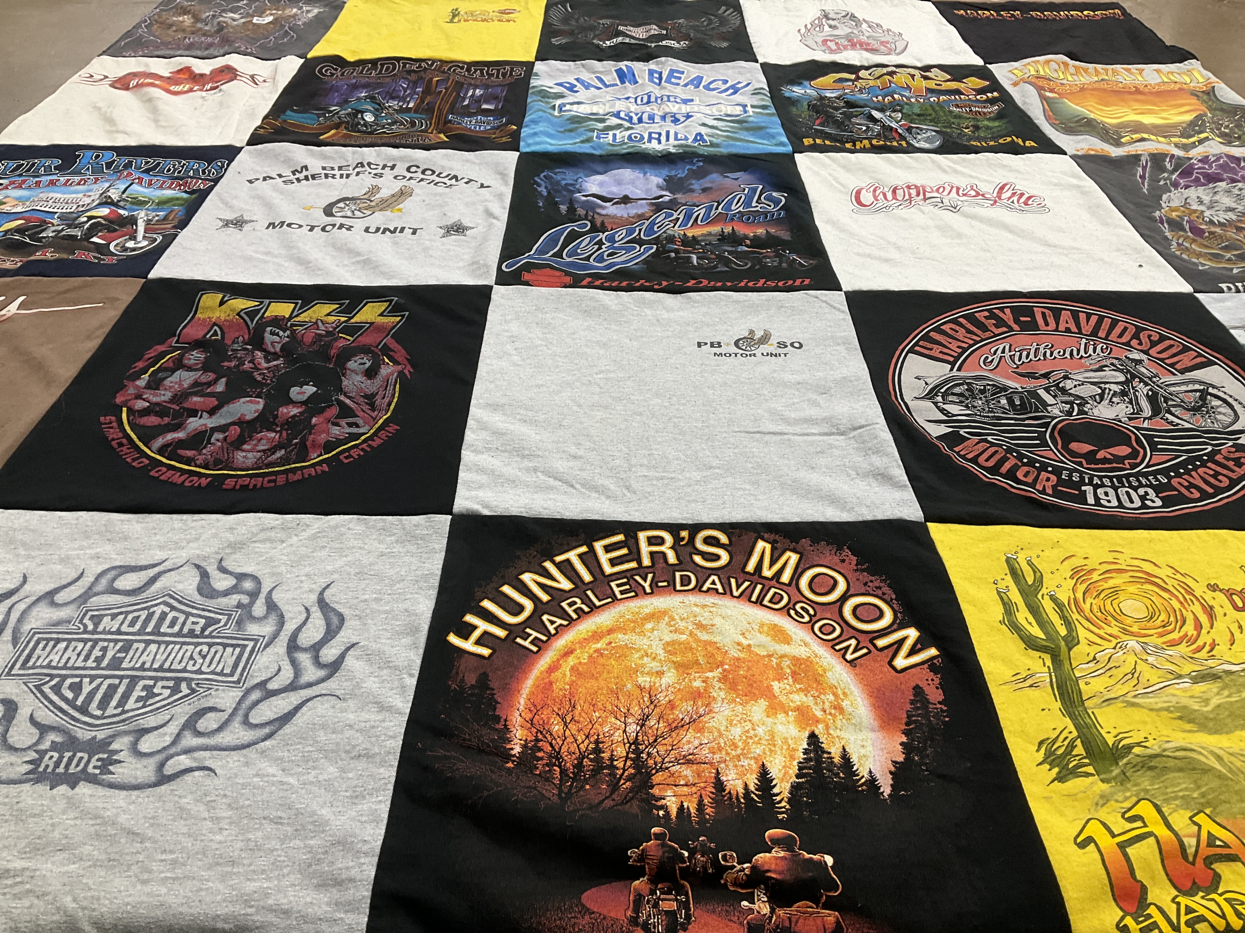 T-shirt quilt with motorcycles, rock music themes by Doris from FL