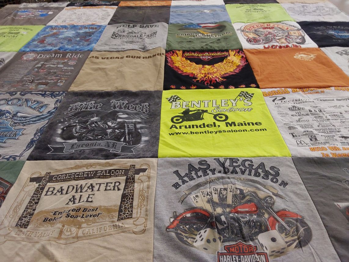 T-shirt quilt with motorcycles, biker culture themes by Patricia from UT