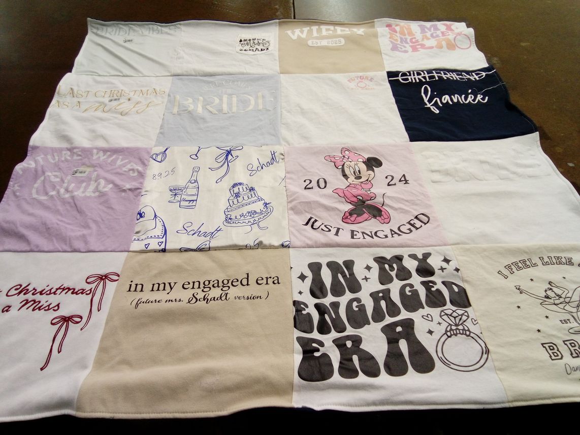 T-shirt quilt with weddings, engagements themes by Danielle from NY