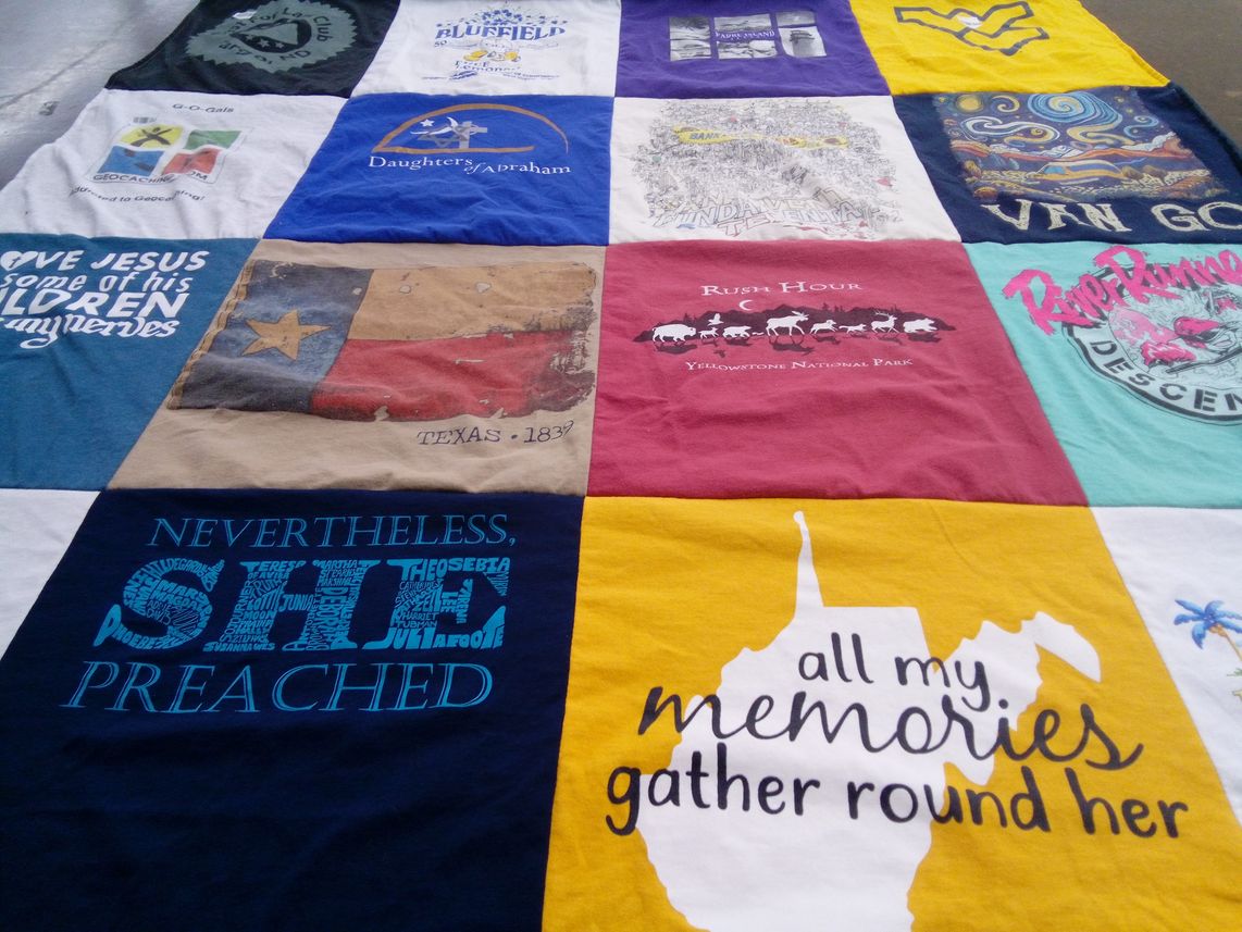 T-shirt quilt with religion, travel themes by Tricia from TX