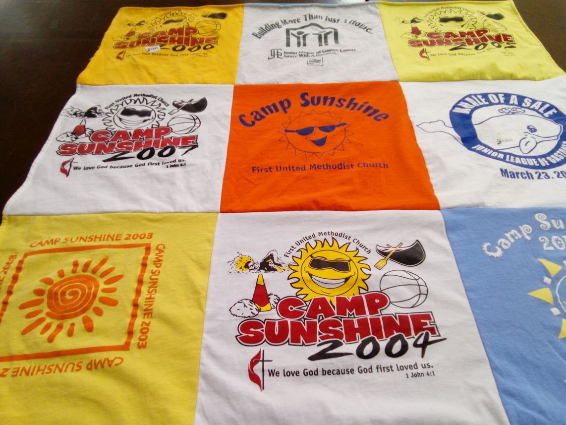 T-shirt quilt with camping, community themes by Deborah from NC