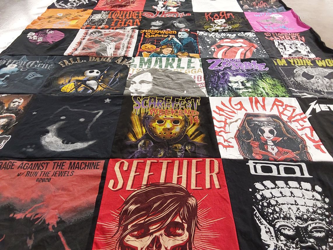 T-shirt quilt with music, rock themes by FAWN from KY