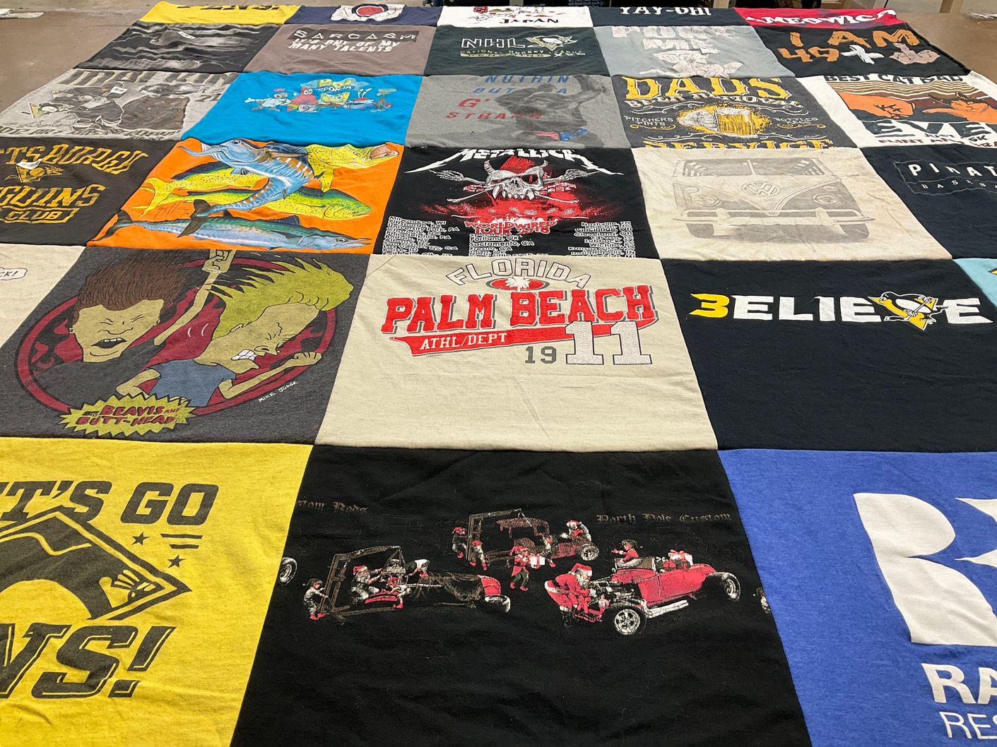 T-shirt quilt with comedy, music themes by Lynn from PA