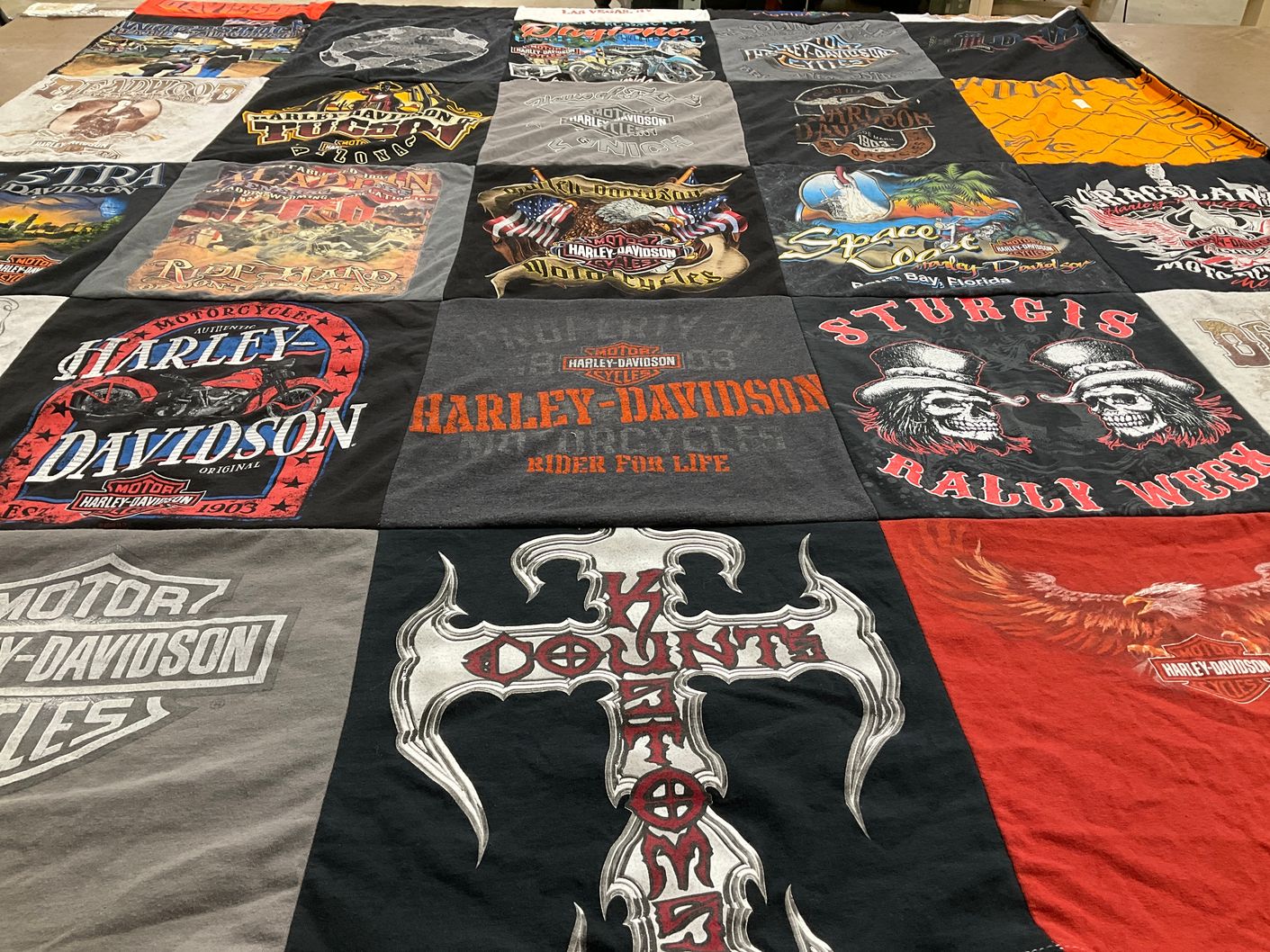 T-shirt quilt with motorcycling, biking themes by Victoria from IL