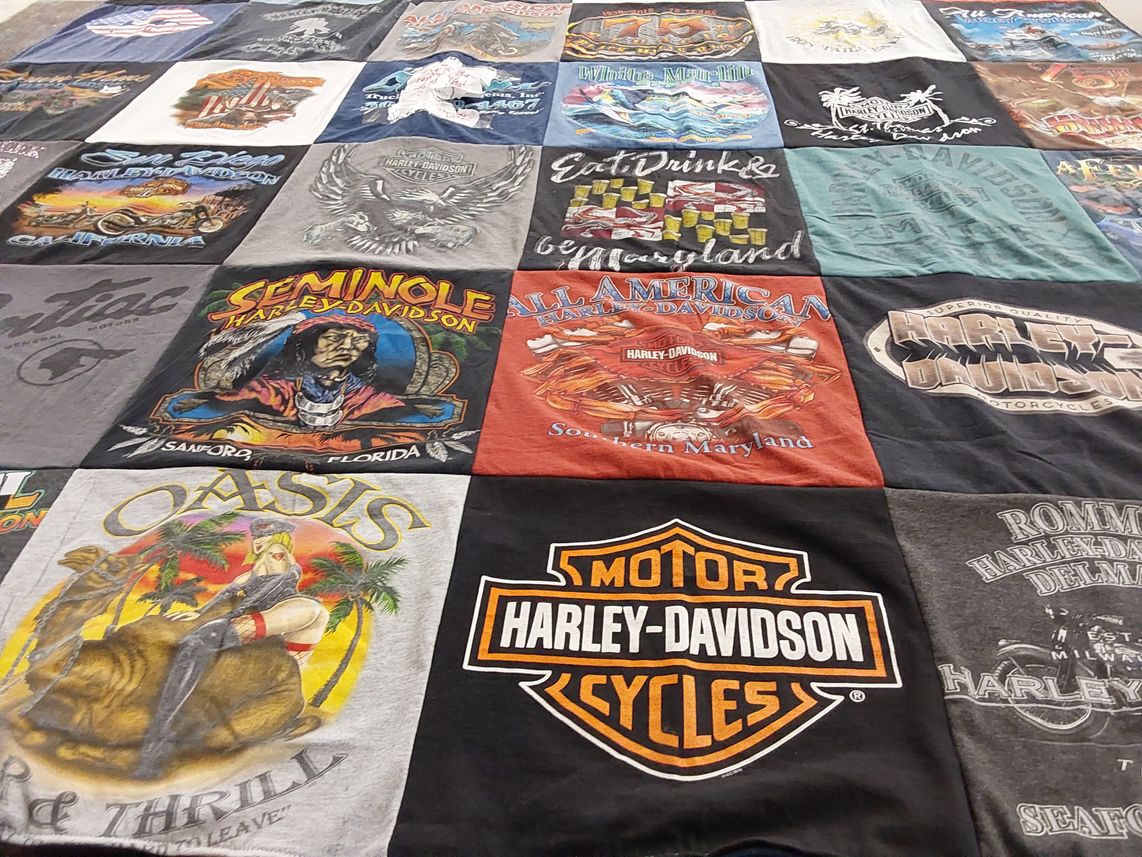 T-shirt quilt with motorcycles, biking themes by Diane from MD