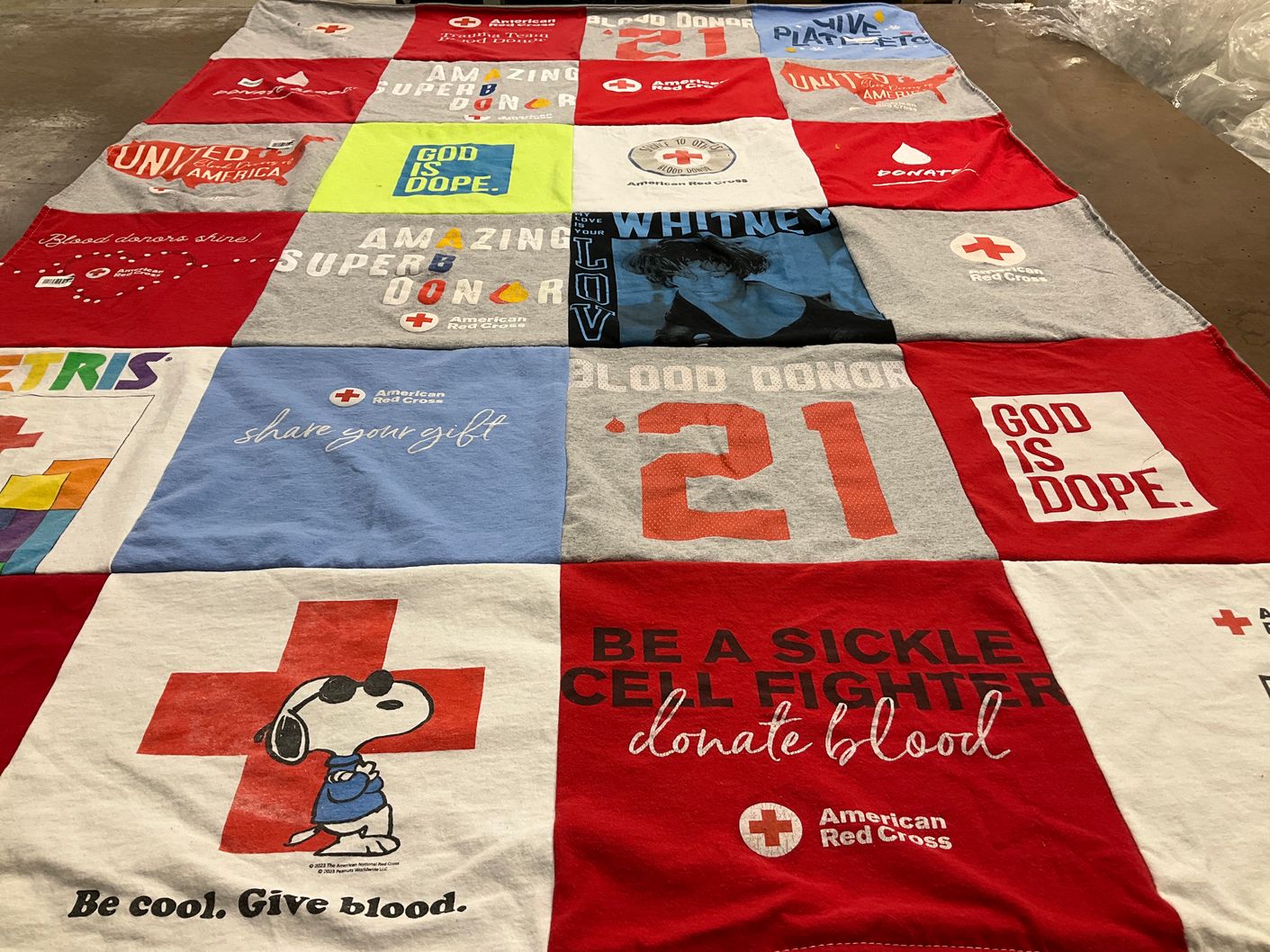 T-shirt quilt with blood donation, sickle cell awareness themes by montez from VA