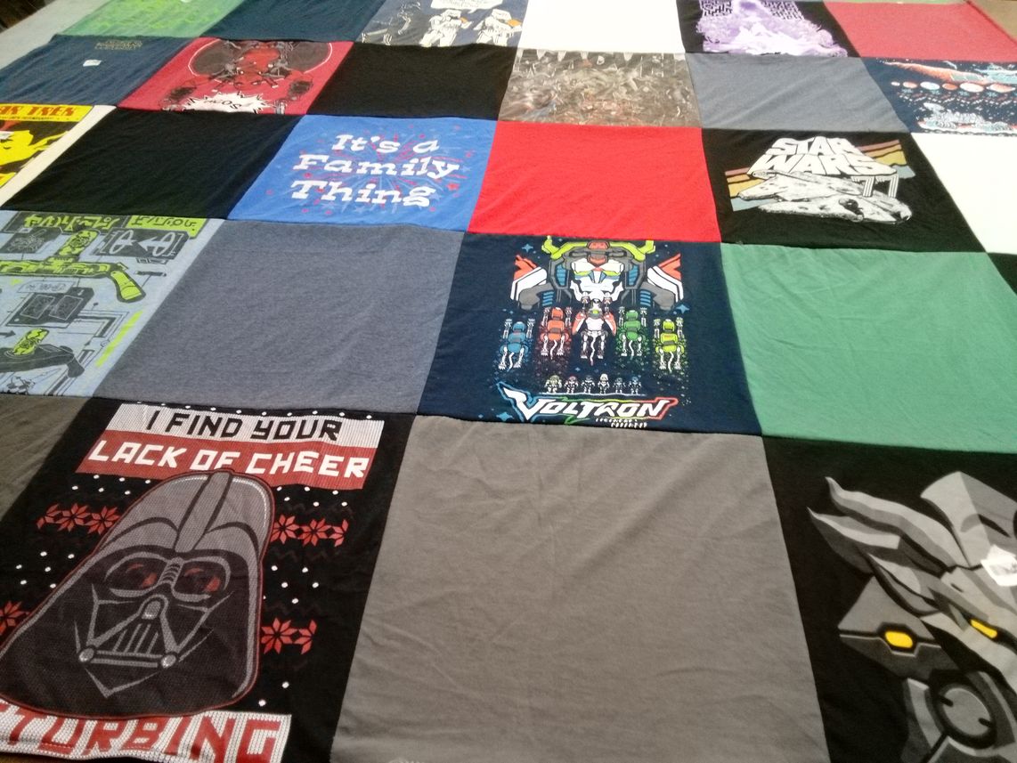 T-shirt quilt with science fiction, anime themes by Rachel from TX