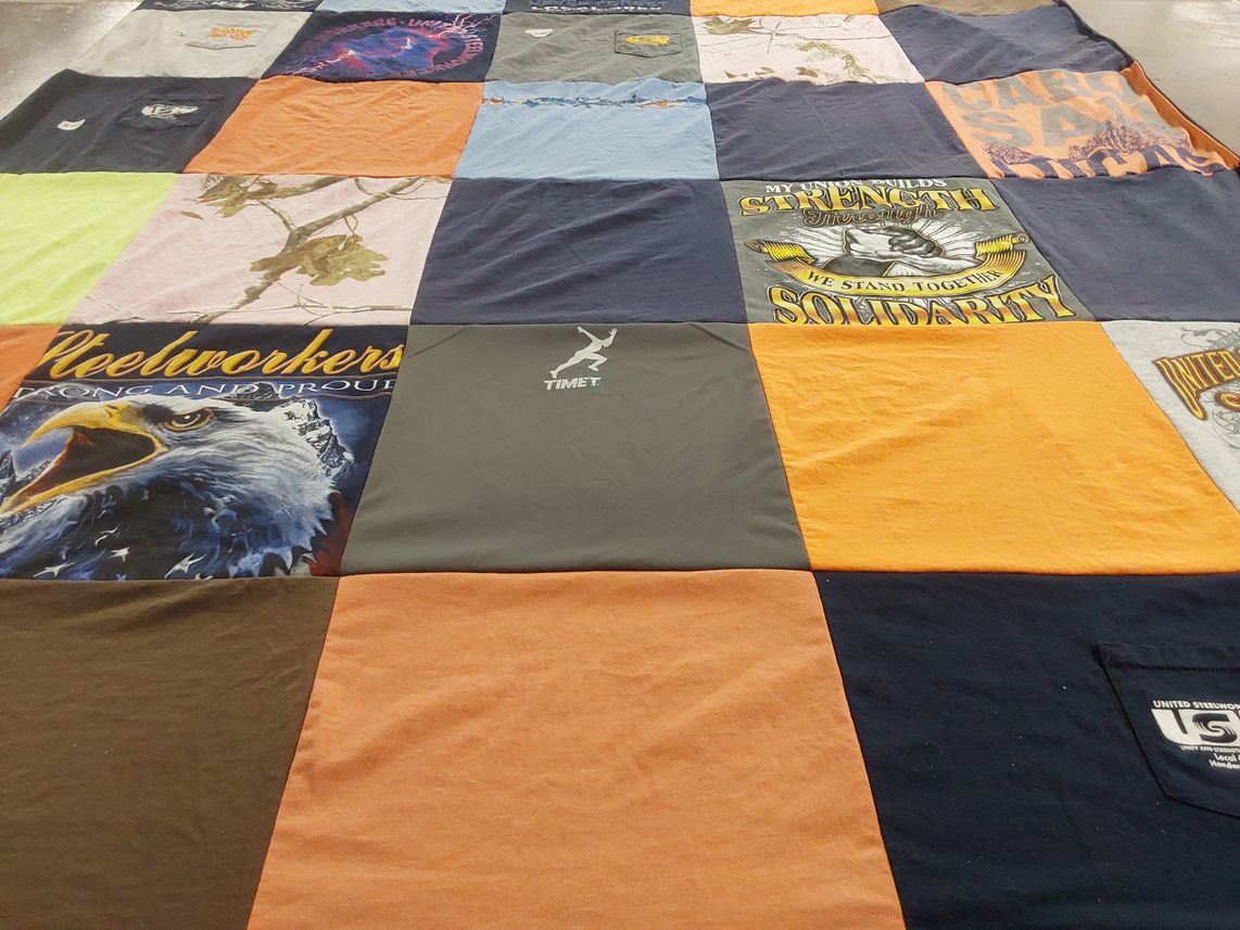 T-shirt quilt with labor, unions themes by Sheena from TX