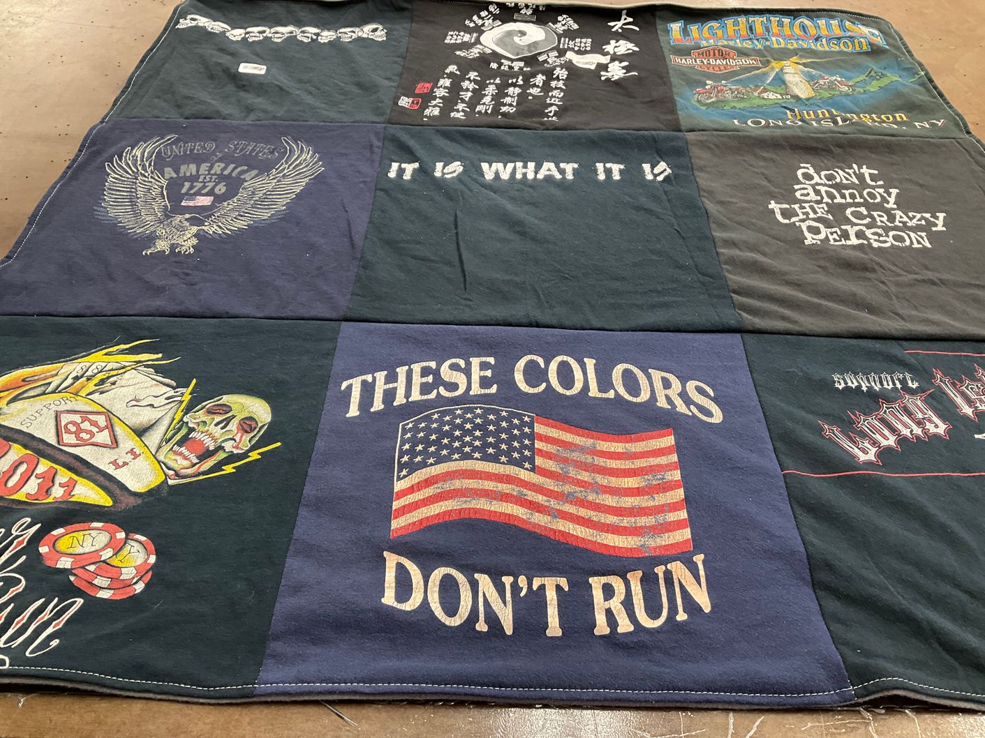 T-shirt quilt with motorcycles, patriotism themes by Patricia from NH