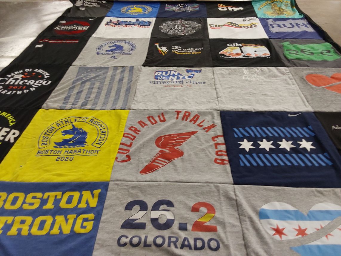 T-shirt quilt with running, marathons themes by Kathleen from CO