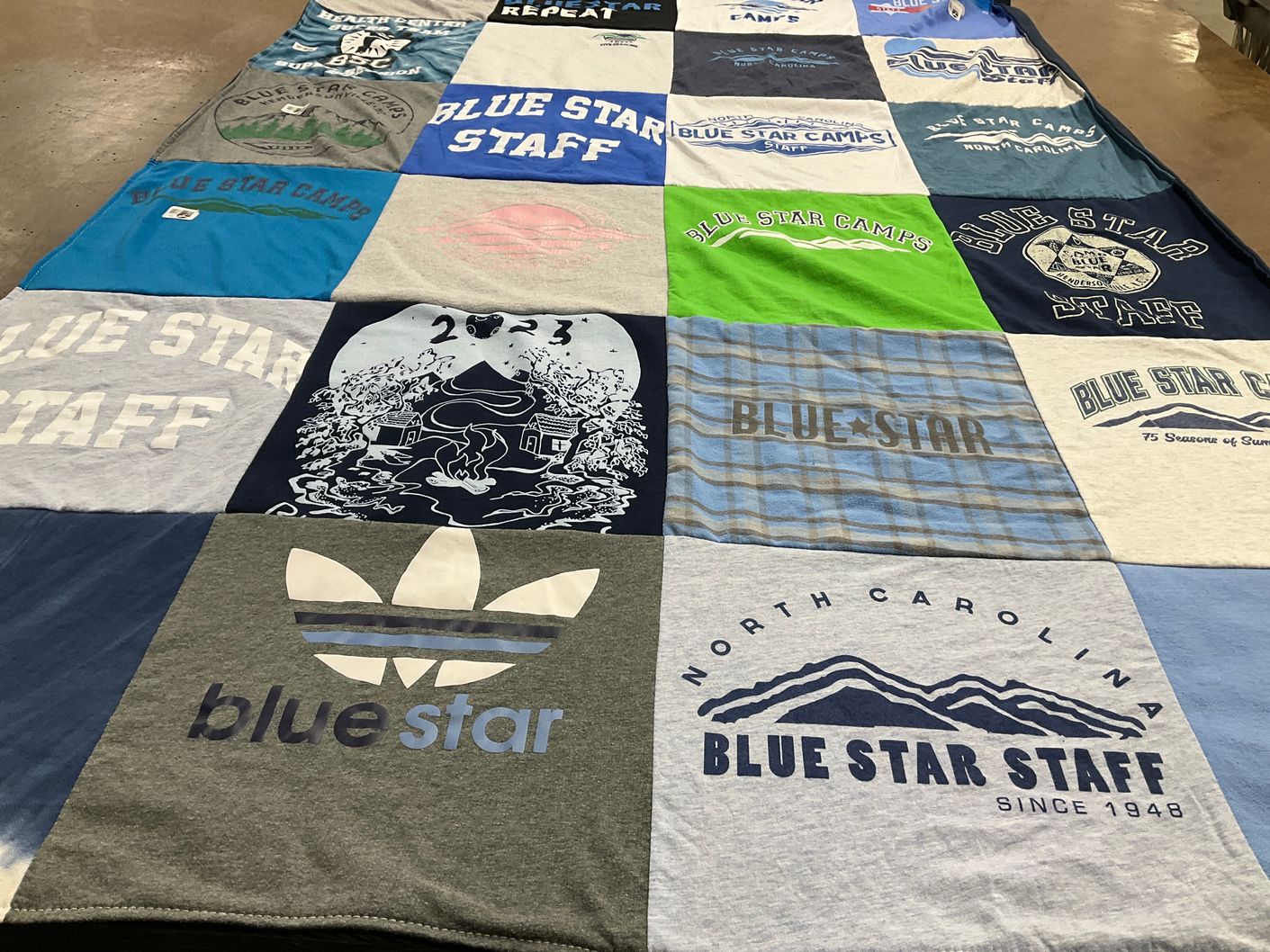 T-shirt quilt with camping, outdoor activities themes by Joy from FL