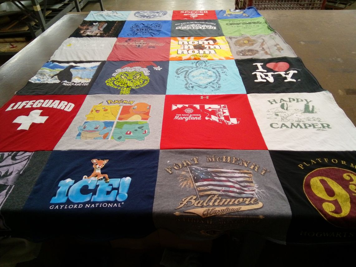 T-shirt quilt with camping, animals themes by Lynne from MD