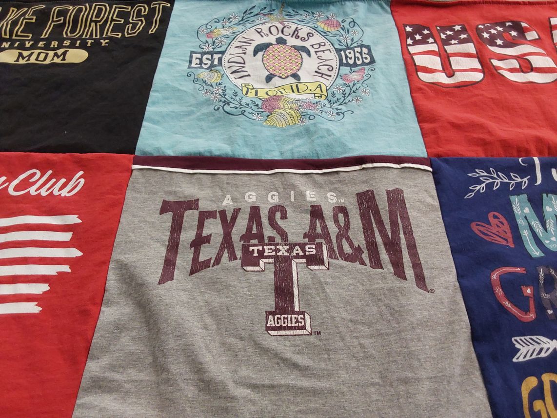 T-shirt quilt from wake forest university, texas a&m university by Denise from IL