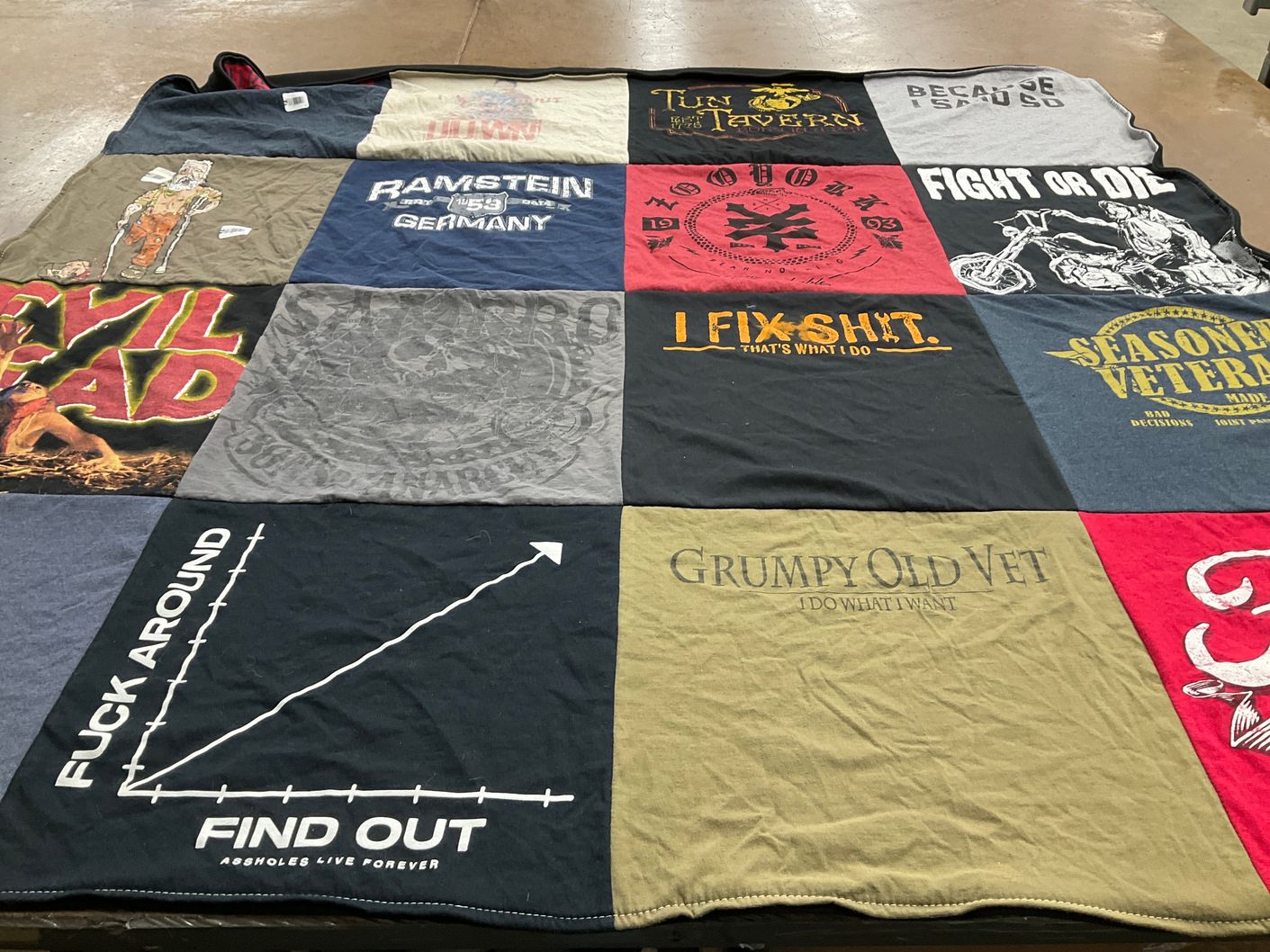 T-shirt quilt with music, motorcycles themes by Jessica from MO