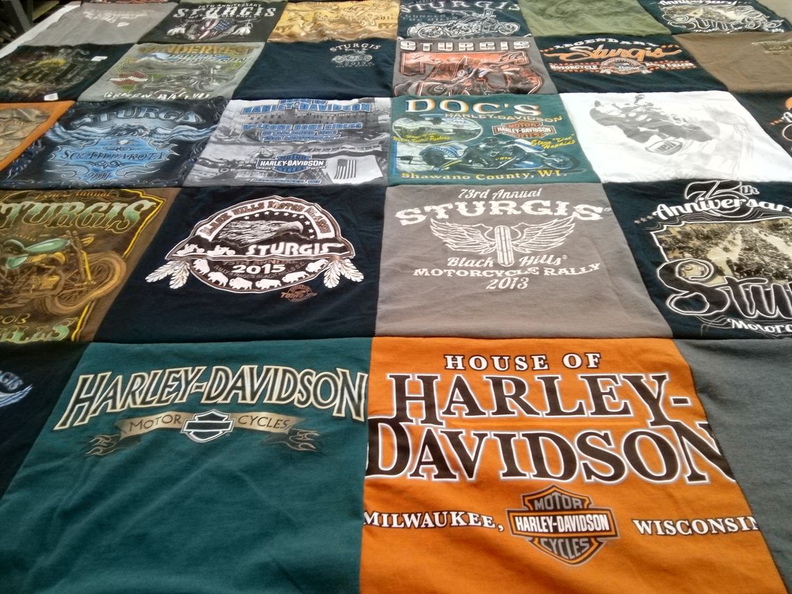 T-shirt quilt with motorcycles, biking themes by Paul from WI