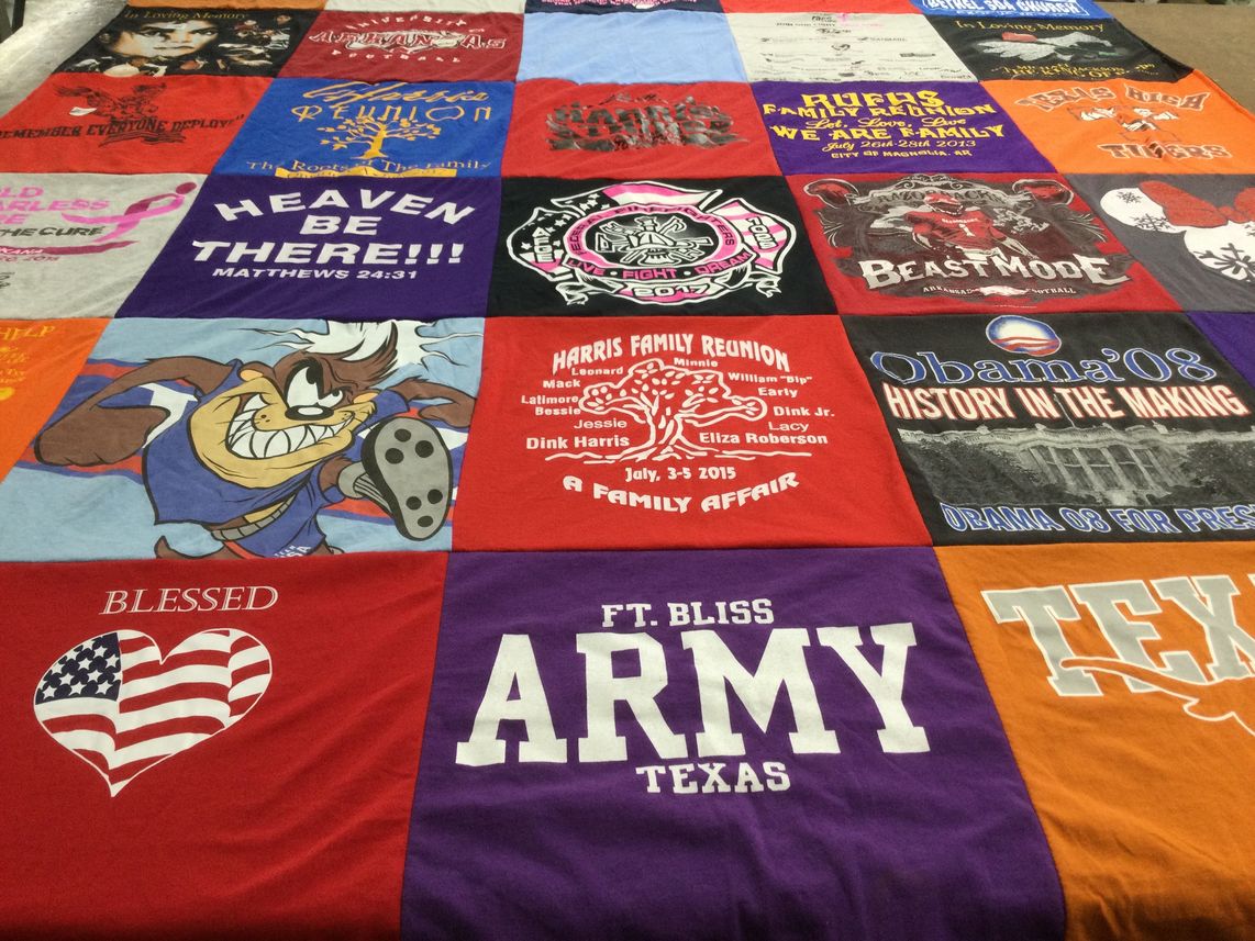 T-shirt quilt with family events, reunions themes by Rochelle from TX