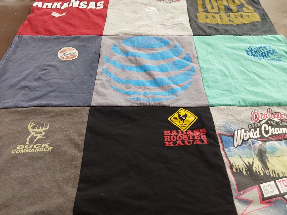 T-shirt quilt with hunting, brewing themes by bonita from CA