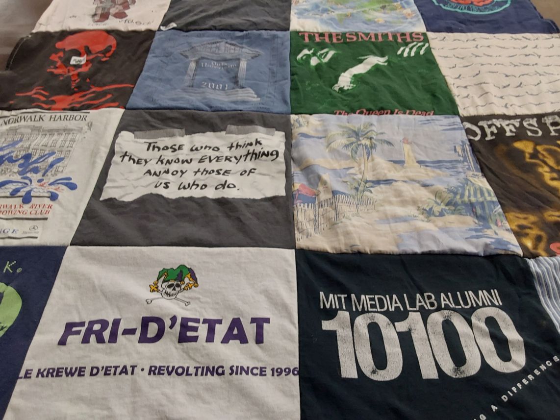 T-shirt quilt with music, boating themes by Erin from NY