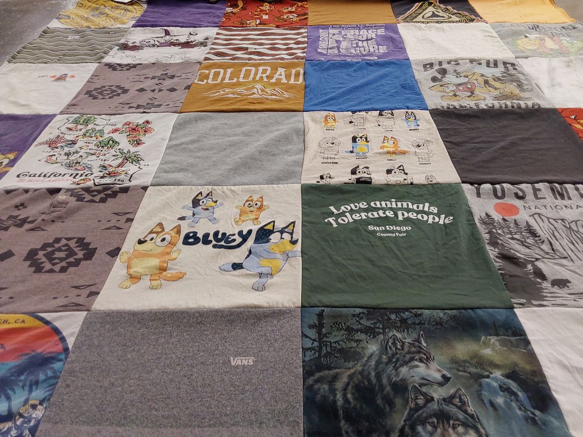T-shirt quilt with travel, nature themes by Morgan from CA