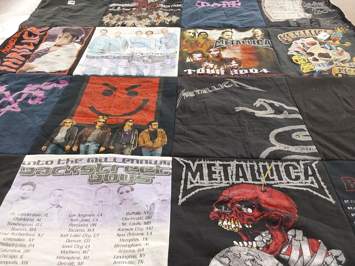 T-shirt quilt with music, bands themes by Christine from NY