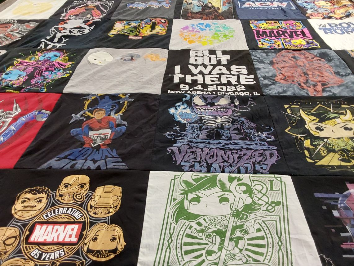 T-shirt quilt with comic books, superheroes themes by Holly from IL