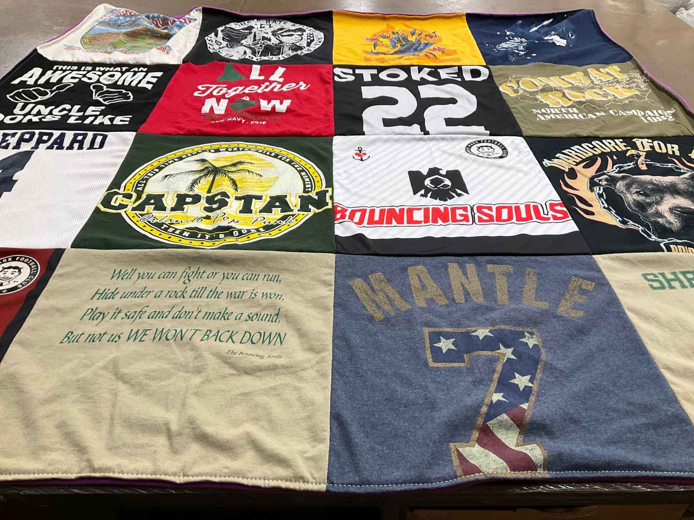 T-shirt quilt with music, sports themes by Corinn from NJ