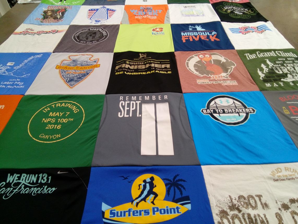 T-shirt quilt with running, fitness themes by Cristina from CA