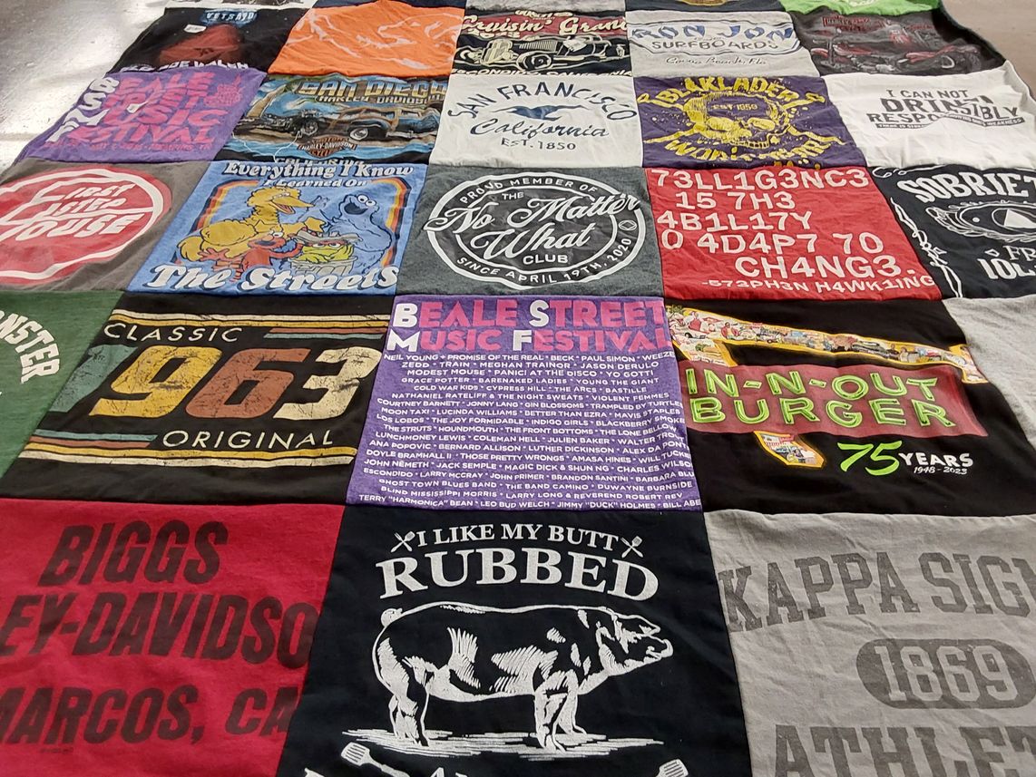 T-shirt quilt with music festivals, burgers themes by Charles from CA