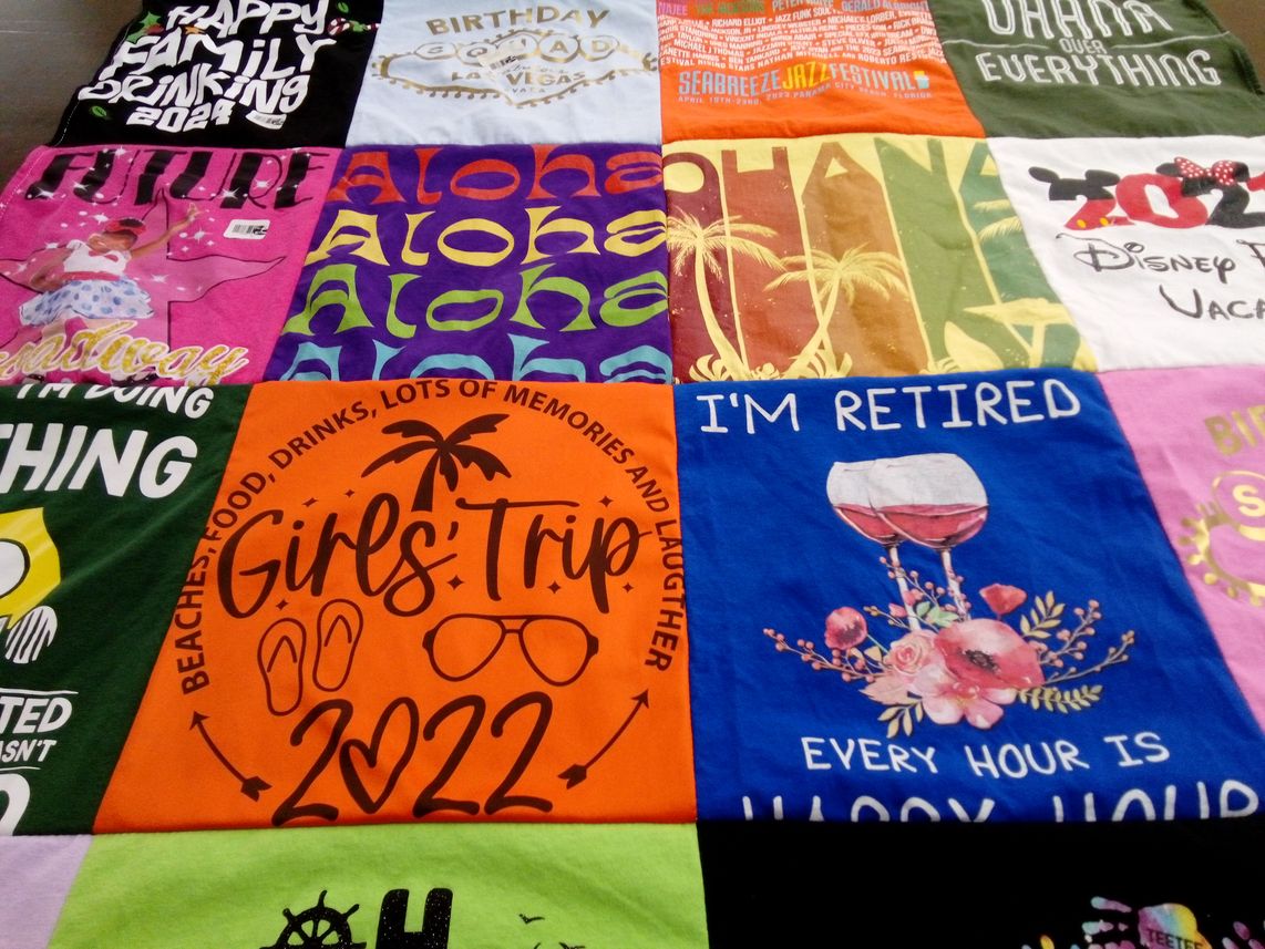 T-shirt quilt with travel, parties themes by Chantrece from LA