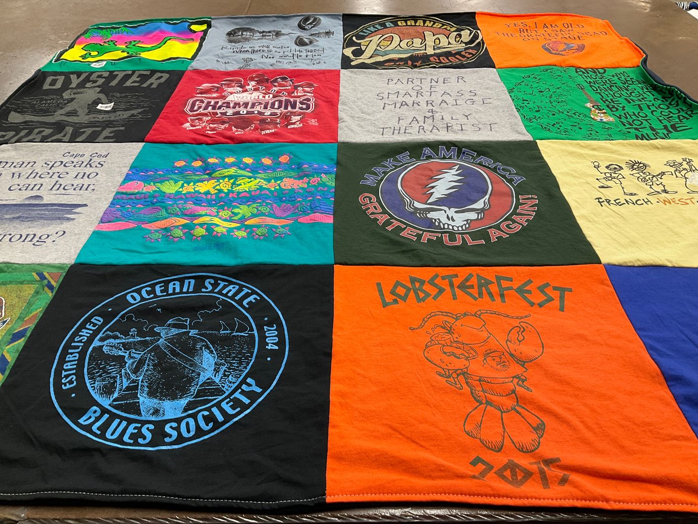 T-shirt quilt with music, fishing themes by Michelle from RI