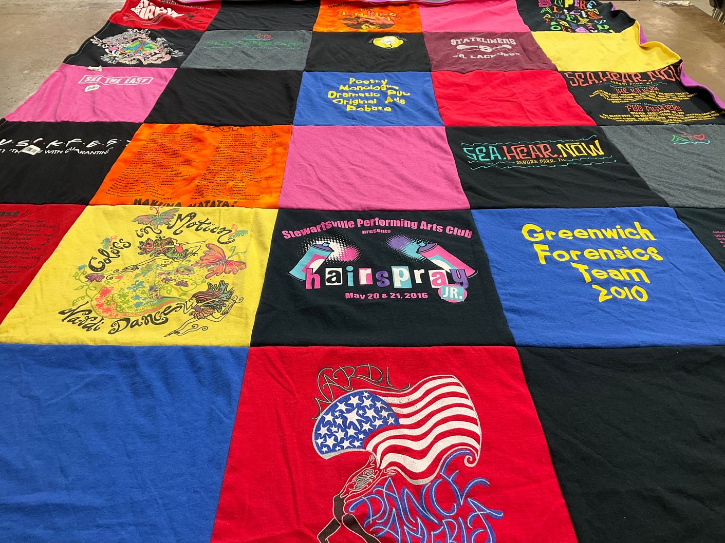T-shirt quilt with theater, dance themes by christina from NJ