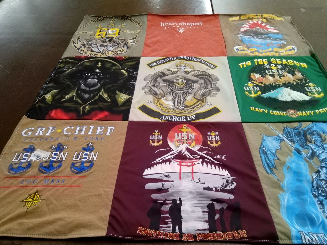 T-shirt quilt with navy, military themes by Maria from FL