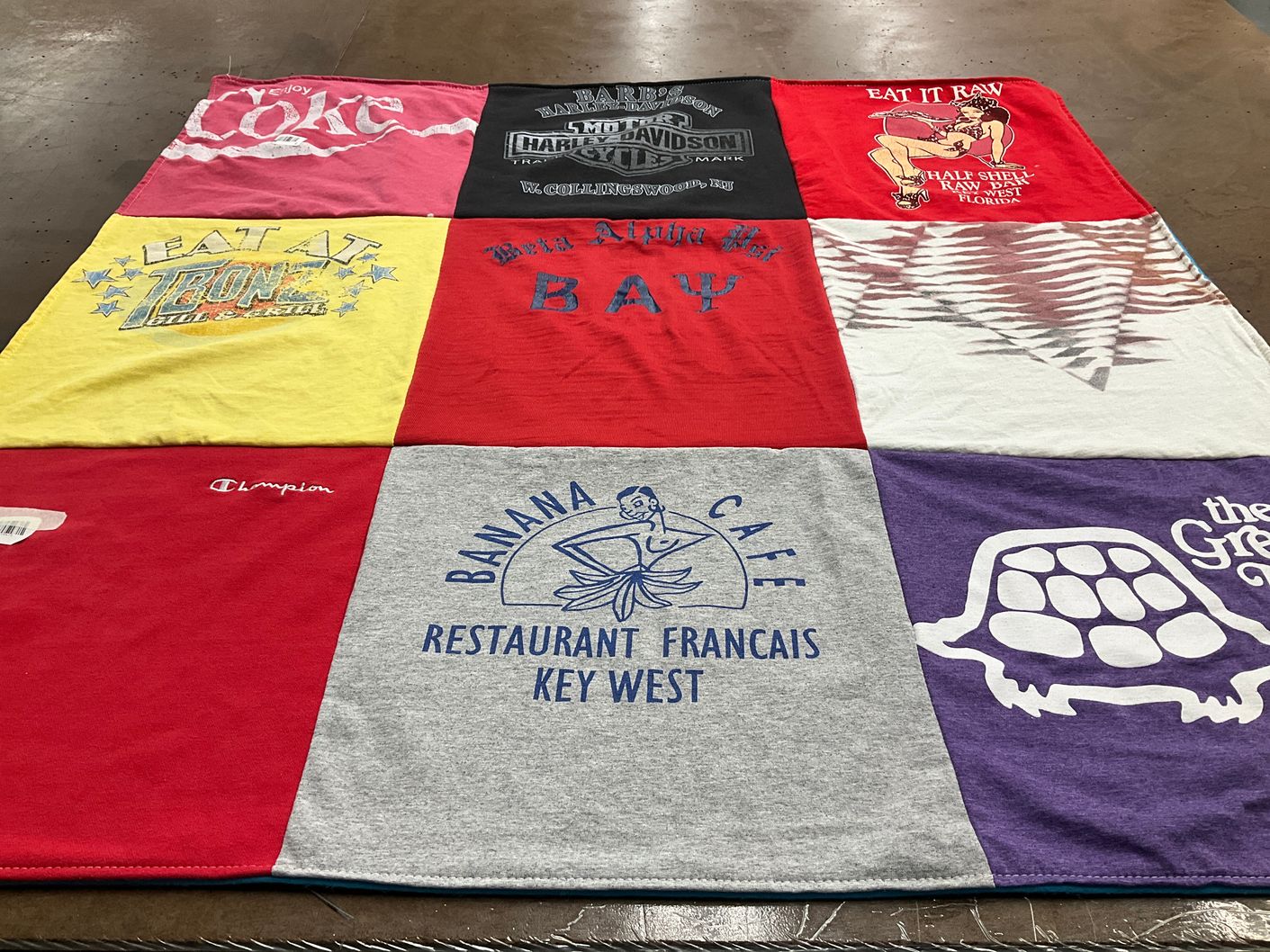 T-shirt quilt with food, restaurants themes by Jamie from NJ