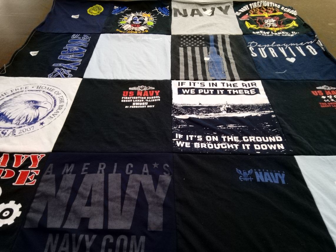 T-shirt quilt from us navy firefighting school great lakes, great lakes navy base by Alexandra from PA