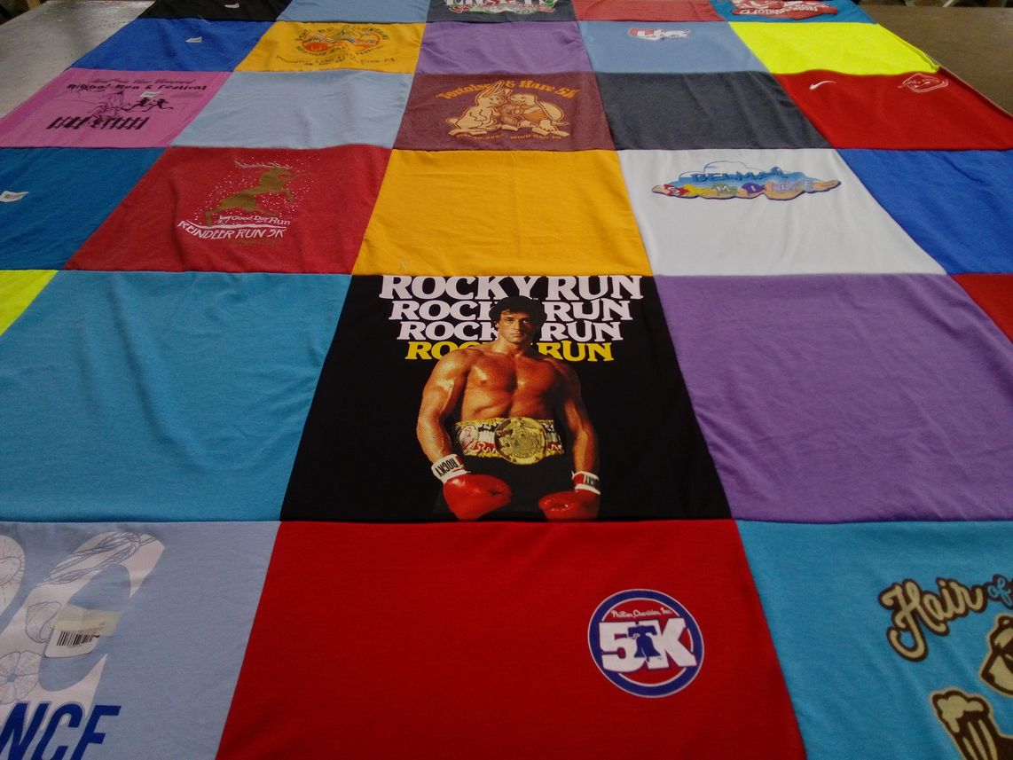 T-shirt quilt with running, sports themes by Jillian from PA