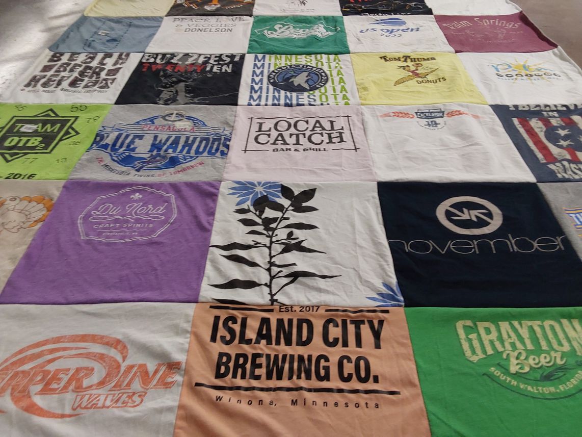 T-shirt quilt with brewing, craft beer themes by Marna from FL