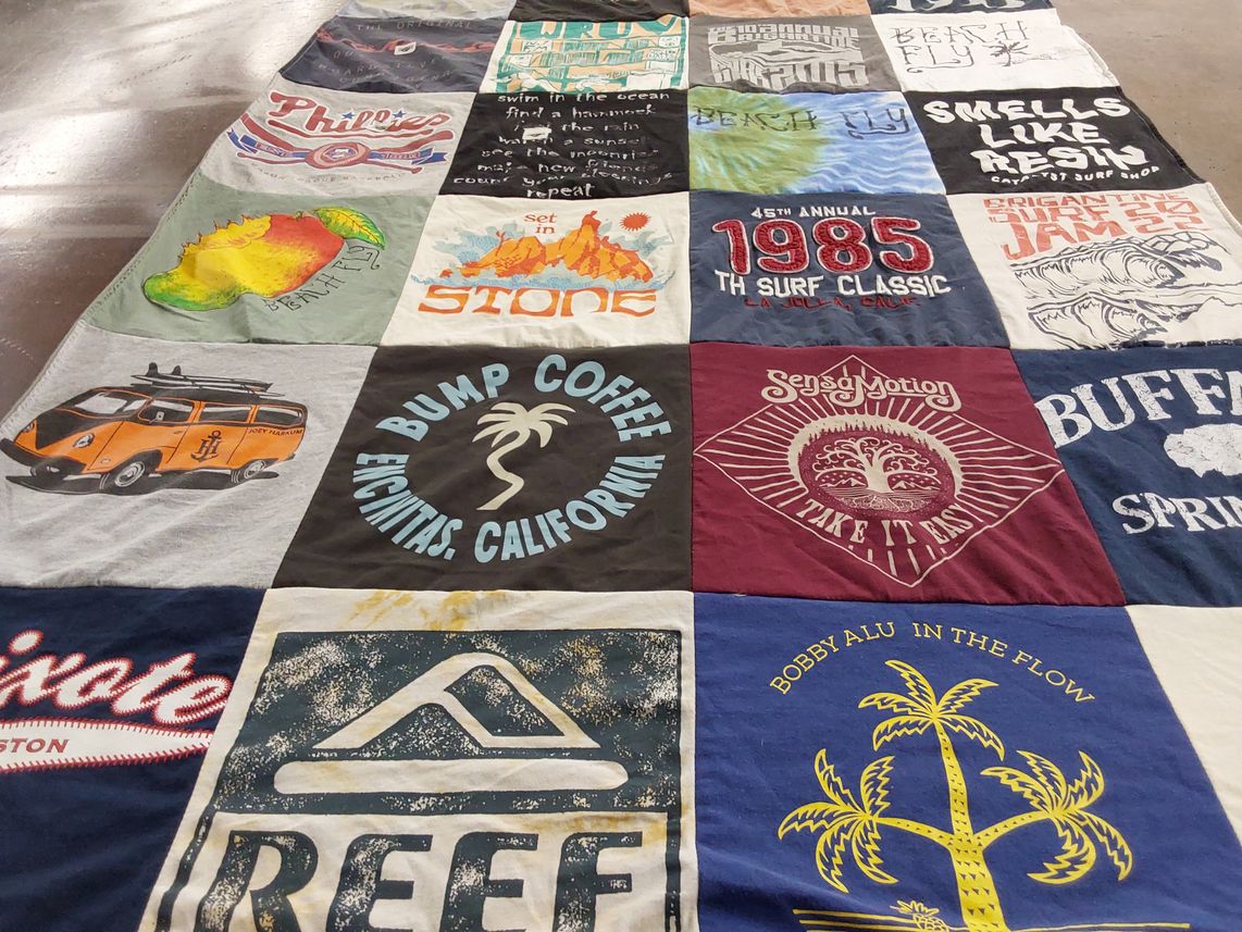 T-shirt quilt with surfing, beach themes by Monika from FL