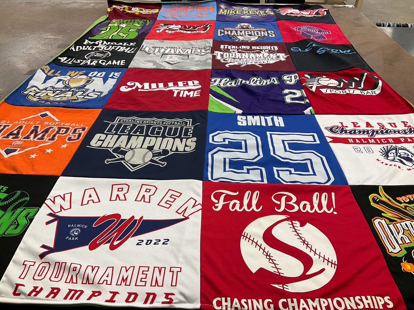 T-shirt quilt with softball, sports themes by Anna from MI