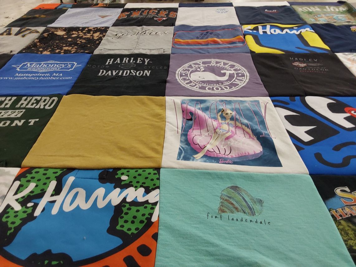 T-shirt quilt with motorcycles, travel themes by Sally from MA