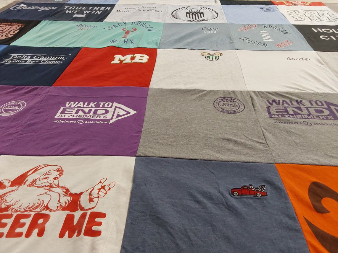 T-shirt quilt with alzheimer's awareness, sorority themes by Maggie from IL