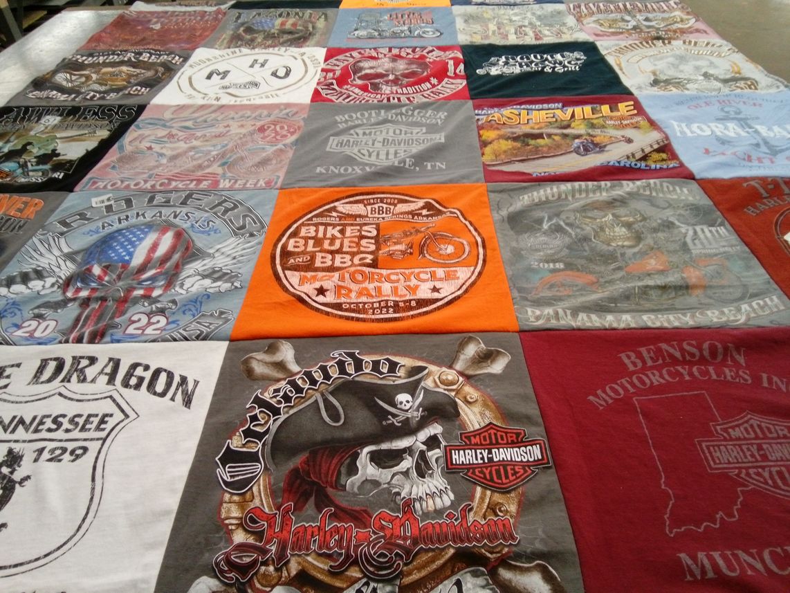 T-shirt quilt with motorcycles, biking themes by Rory from MS