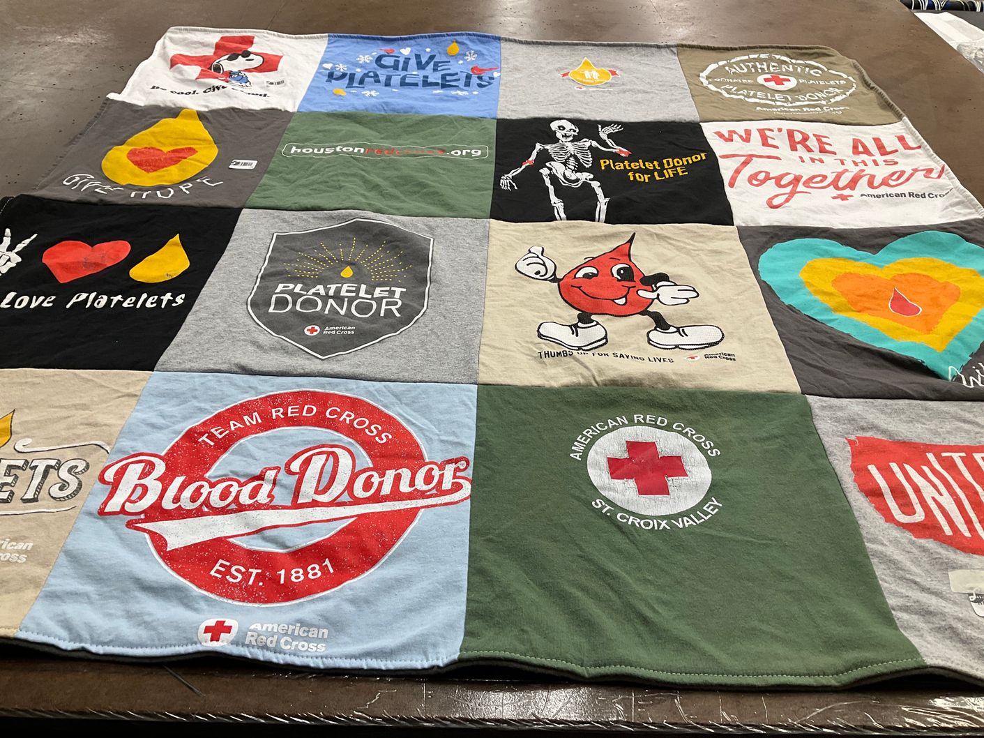 T-shirt quilt with blood donation, platelet donation themes by David from WI