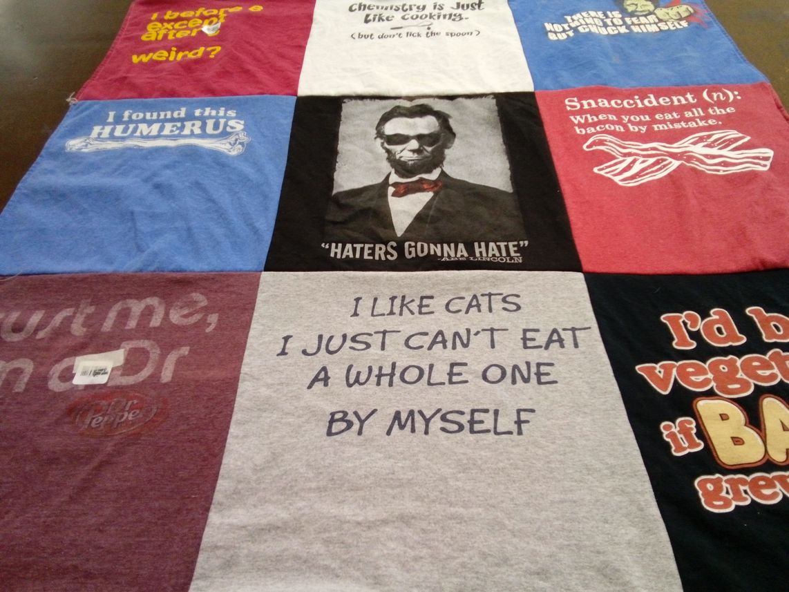 T-shirt quilt with humor, science themes by Martha from GA