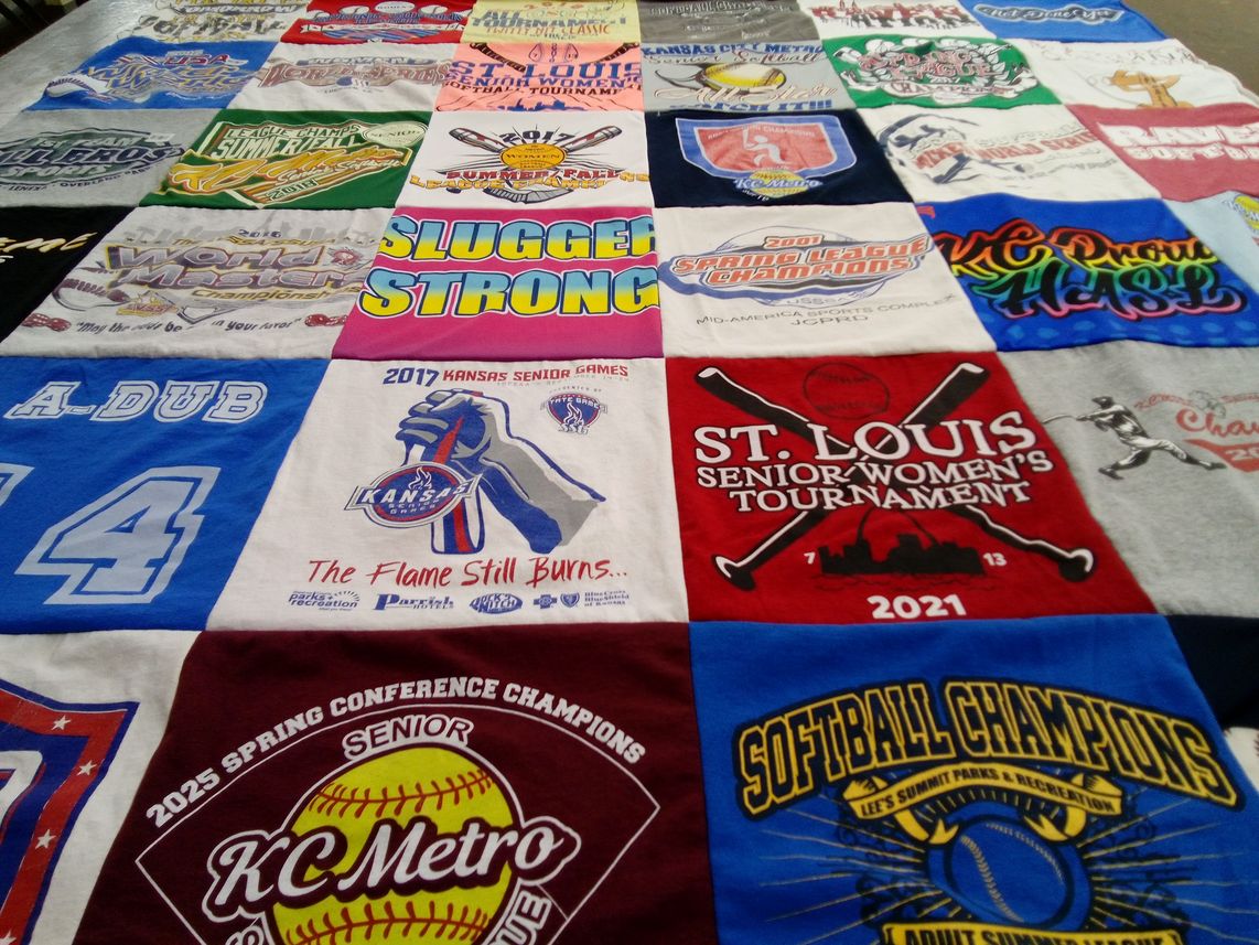 T-shirt quilt with softball, senior games themes by Dakota from KS