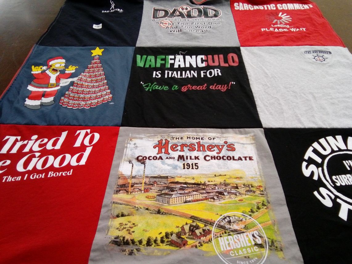 T-shirt quilt with italian culture, chocolate themes by Victoria from NJ