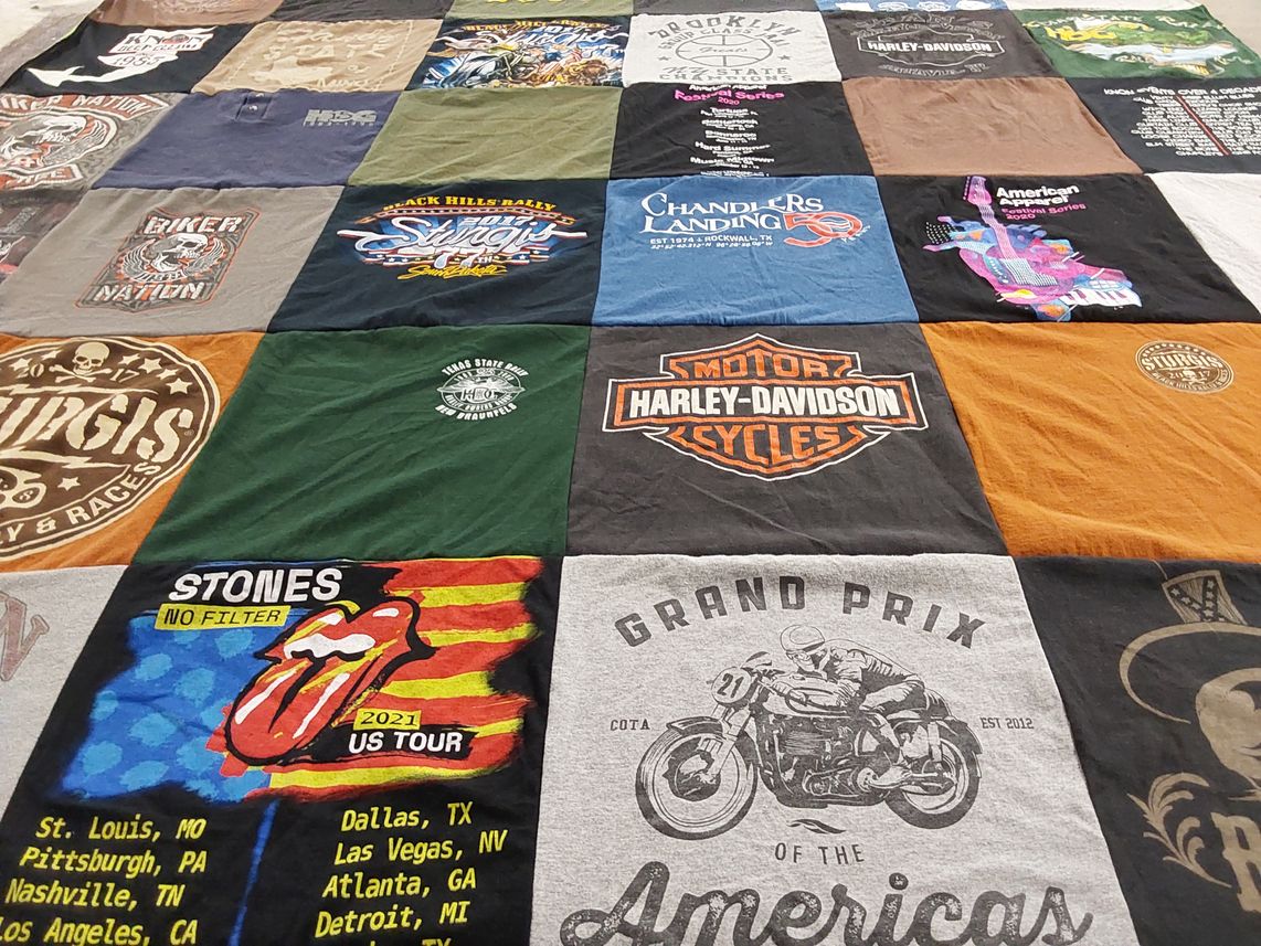 T-shirt quilt with motorcycling, music themes by Steven from TX